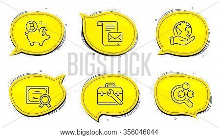 Chemistry Lab Sign. Diploma Certificate, Save Planet Chat Bubbles. Tool Case, Bitcoin Coin And Mail 