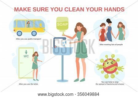 When To Wash Your Hands Poster. Vector Illustration. Flat