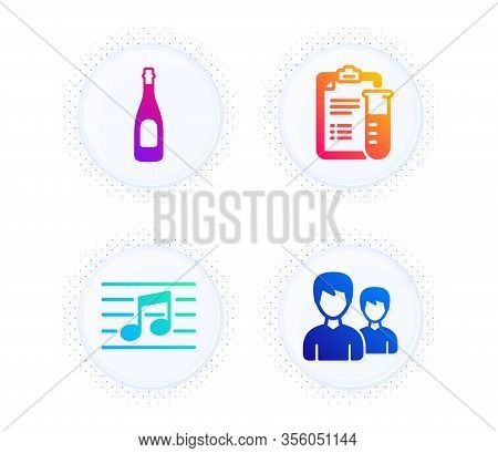 Musical Note, Medical Analyzes And Champagne Icons Simple Set. Button With Halftone Dots. Couple Sig