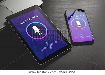 Voice Search Technology, Speech Detect And Sound Recognition Deep Learning Concept. Application With