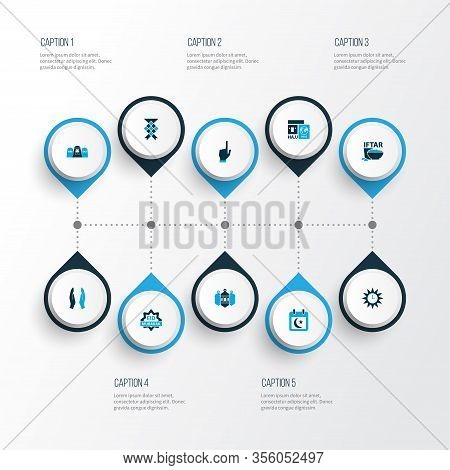 Religion Icons Colored Set With Cereal, Worship, Azan And Other Mosque Lantern Elements. Isolated Il