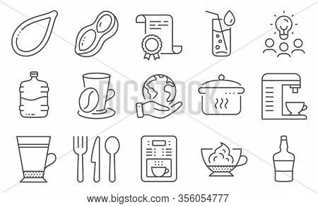 Set Of Food And Drink Icons, Such As Boiling Pan, Cooler Bottle. Diploma, Ideas, Save Planet. Pumpki