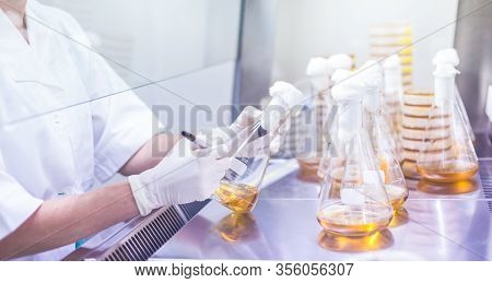 Female Scientist Working With Laminar Flow At Corona Virus Vaccine Development Laboratory Research F