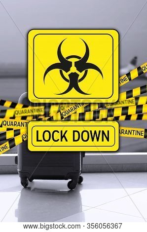 Flight Canceled Because Of The Pandemic Coronavirus Covid-19 Concept. Collage With Caution Yellow An