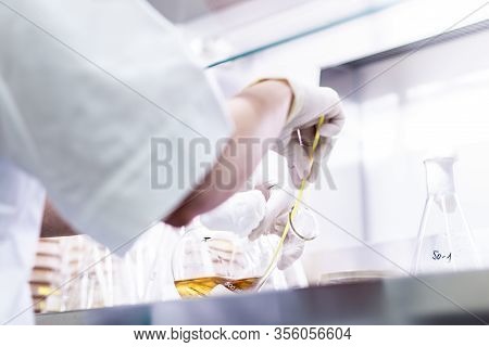 Female Scientist Working With Laminar Flow At Corona Virus Vaccine Development Laboratory Research F