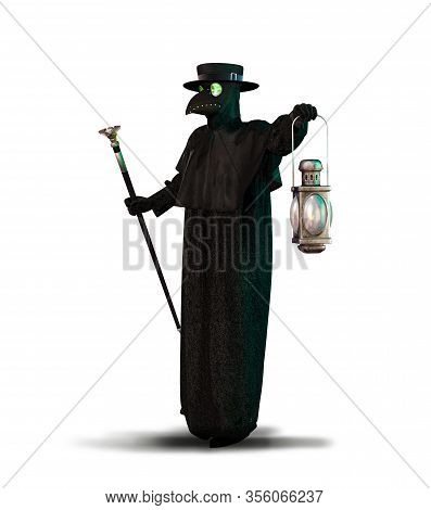 Historic Costume Of Black Death Plague Doctor Schnabel, Isolated On White Background, 3d Render