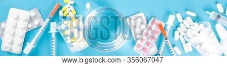 Pharmaceutical Medicine Pills Concept, Assorted Various Pills, Tablets And Capsules With Medical Syr