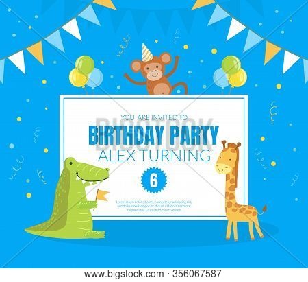 Birthday Party Banner Template, Invitation Card, Poster With Cute African Animals Vector Illustratio