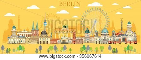Panoramic Colorful Berlin Travel Illustration With Architectural Landmarks In Summer Yellow Backgrou