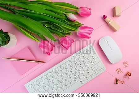 Womans Work Place On Pink Background Flat Lay. Remote Distant Home Office Above, Lockdown Quarantine