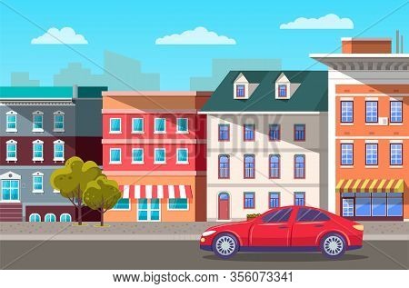 Cityscape With Houses And Decorative Trees By Road With Driving Car. Transport On Way In Town. Towns