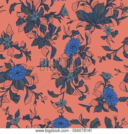 Blue Flowers Branches Seamless Repeating Pattern With Peach Background