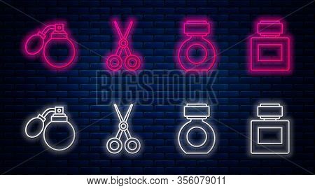 Set Line Scissors Hairdresser, Aftershave, Aftershave Bottle With Atomizer And Aftershave. Glowing N