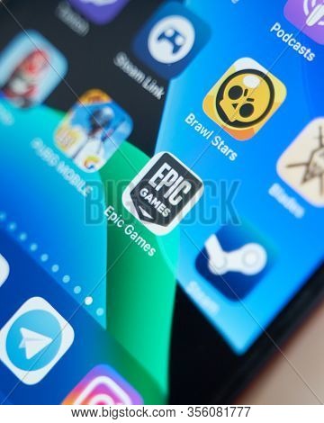 Bishkek, Kyrgyzstan - July 6 2019: Logo Of Epic Games On Apple Smartphone. Epic Games Is An American