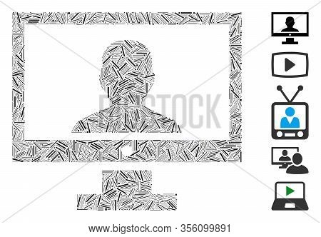 Hatch Mosaic Based On Video Blogger Pc Icon. Mosaic Vector Video Blogger Pc Is Created With Scattere