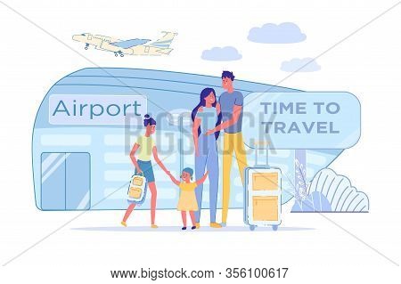 Time To Travel For Large Family Airport Ahead. Parents With Children Standing Near Airport And Ready