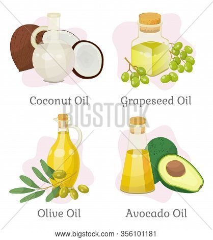 Collection Of Oils And Essences For Hair Growth And Care, Isolated Coconut And Olive, Grapeseed And 
