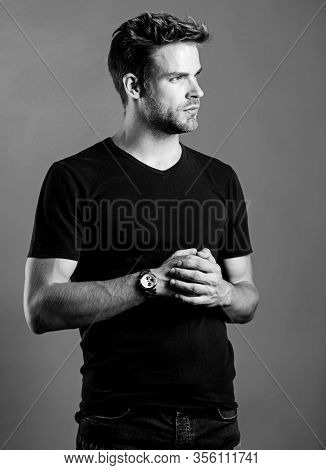 Watch Repair. Keep Punctual. Man Well Groomed Handsome Hipster Wrist Watch. Expensive Luxury Accesso