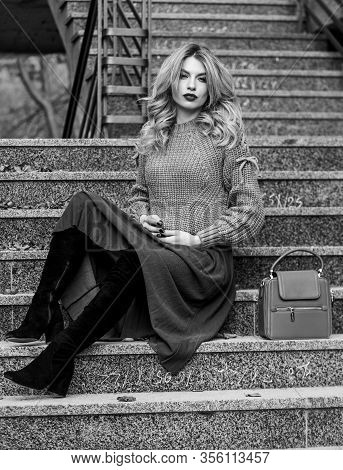Totally Relaxed. Female Beauty. Fashion Model. Girl In Corrugated Skirt And Sweater. Pleated Trend. 