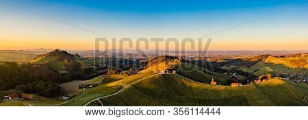 Panorama Of Vineyards Near Gamlitz Sulztal Area South Styria, Wine Country. Sunny Landscape Of Famou