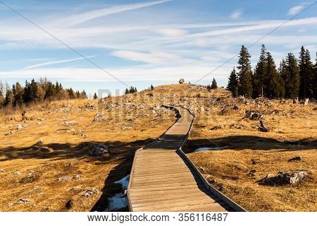 Wooden Path At The Top Of Schockl Mountain In Graz Austria Leading To View Point. Mountain Andscape