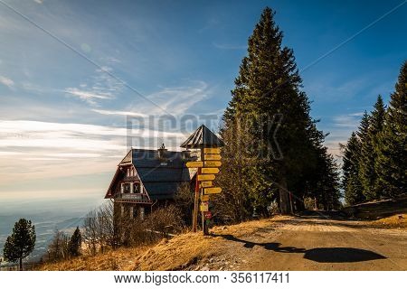 Mountain Schockl, Styria, Austria - 12.03.2020 Alpine Cabin And Restaurant Named Stubenberghaus On T