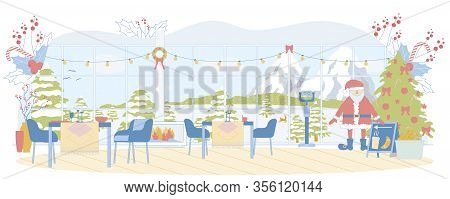 Breathtaking View Through Mountain Restaurant Windows. Snowy Peaks And Slopes. Christmas Tree, Santa