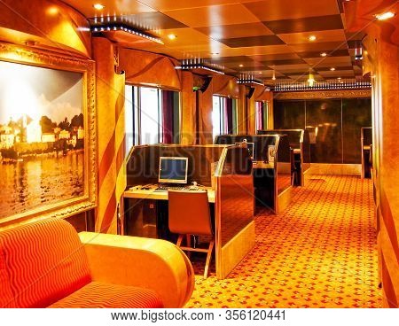 Kiel, Germany - June 1, 2009: Internet Point With Pc Workstations On Board The Cruise Ship Costa Mag
