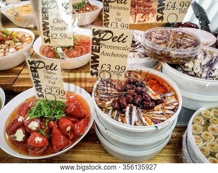 Belfast, Uk, December, 2019. Appetizers In Food Counter Inside The Sawers, A Famous Food Shop In Bel
