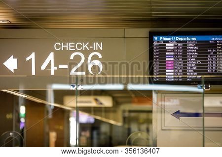 Otopeni, Romania - February 25, 2020: Details From The Interior Of Henri Coanda International Airpor