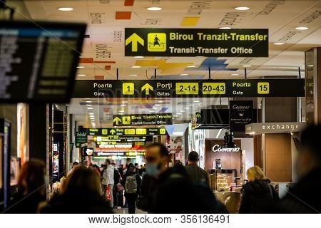 Otopeni, Romania - February 25, 2020: Details From The Interior Of Henri Coanda International Airpor