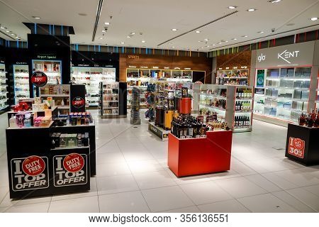 Otopeni, Romania - February 25, 2020: Duty Free Shops Inside Henri Coanda International Airport, Nea