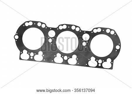 Metal Gasket Of Automobile Engine Cylinders, Truck Engine Gasket Close-up White Background