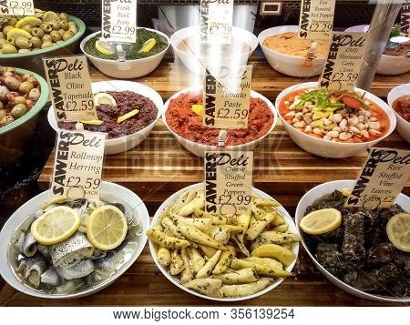 Belfast, Uk, December, 2019. Appetizers In Food Counter Inside The Sawers, A Famous Food Shop In Bel