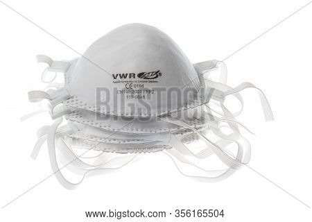 Varna, Bulgaria - March 15, 2020:photo Of A Stack Of Vwr Face Masks Isolated On White. Vwr Is A Comp