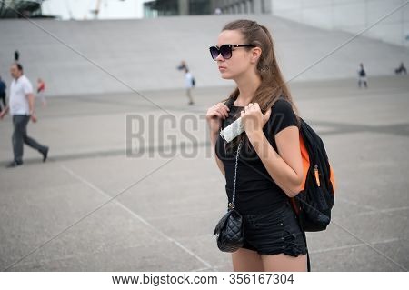 Life Is Adventure. Pretty Woman See Sights Of City. Sexy Traveler On Urban Scene. Being Adventurer. 