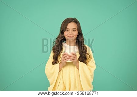 Feeling Comfy. Adorable Child On Turquoise Background. Hot Cocoa. Happy Morning. Comfy Outfit For We