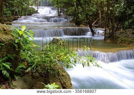 Huai Mae Khamin Waterfall After The Rain Beautiful With Natural In Kanchanaburi Province Thailand.
H