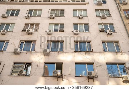Sofia - February 27, 2020: Prefabricated House In The City On Settlements. Air Conditioning Unit Nex