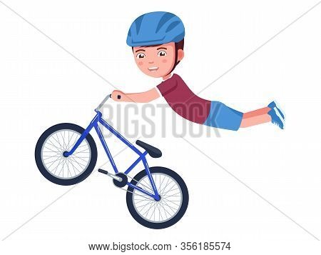 Boy Performs A Stunt In The Air On A Bmx Bike. Vector Illustration Cartoon Character Kid On A Bicycl