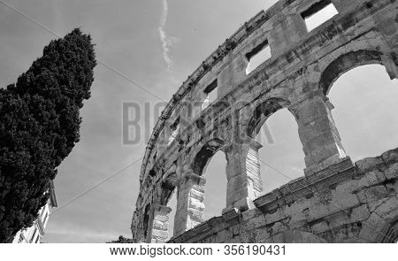 Pula Croatia 05 24 2019: The Pula Arena Is The Famous Roman Amphitheater In Pula, Istria, Croatia, E