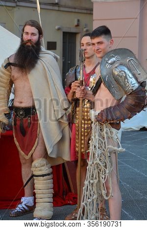 Pula Croatia 05 22 2019: Men Dressed As Roman Gladiator For Tourists In The Old Town Of Pula Known F