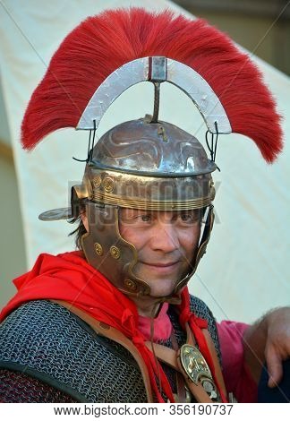 Pula Croatia 05 22 2019: Men Dressed As Roman Gladiator For Tourists In The Old Town Of Pula Known F