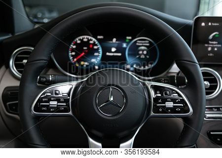 Novosibirsk, Russia - March 07, 2020: Mercedes-benz Glc-class,  Dashboard, Player, Steering Wheel Wi