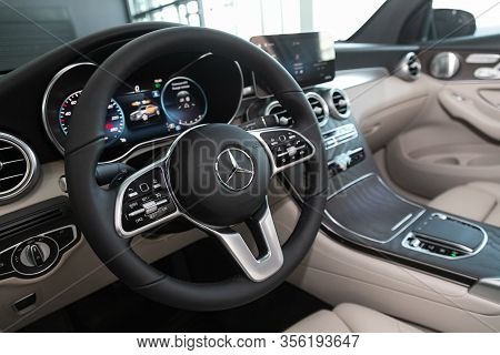 Novosibirsk, Russia - March 07, 2020: Mercedes-benz Glc-class,  Dashboard, Player, Steering Wheel Wi