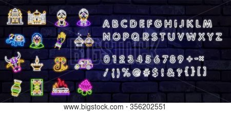 India Greeting Card Collection Neon Vector Design Template. Neon Sign, Modern Trend Design For India