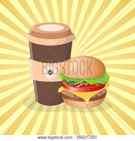 Burger And Cup Of Coffee - Cute Cartoon Colored Picture. Graphic Design Elements For Menu, Poster, B