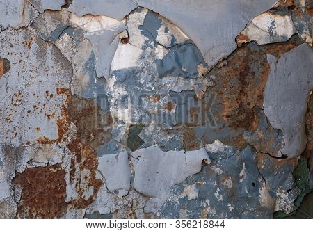 Metal Texture With Corrosion With Crumbling Paint, Rusted Blue And White Painted Metal Wall