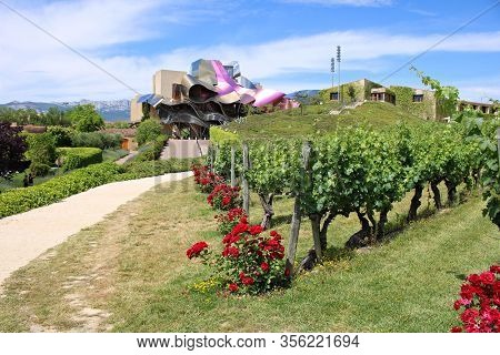 Hotel Marquis De Riscal In Elciego Of The Basque Province Among The Hills With Vineyards Of Sunny Sp
