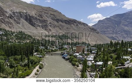 Khorog, Tajikistan - June 19, 2019: City Of Khorog With Modern Mosque And Gunt River And Mountains I